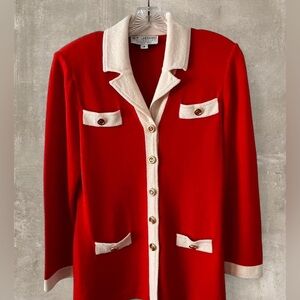 St. John Red Knit Blazer sweater with Cream Trim